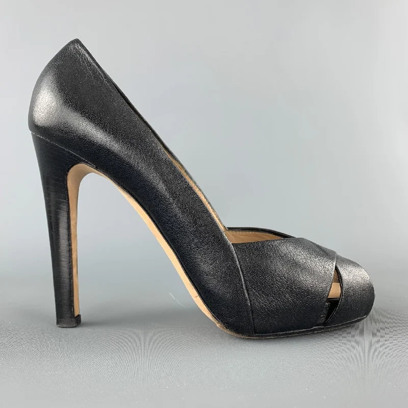 Trendy Peep Toe Platform Heels Crafted from Genuine Leather--GIUSEPPE ZANOTTI Size 7.5 Black Leather Peep Toe Cutout Pumps