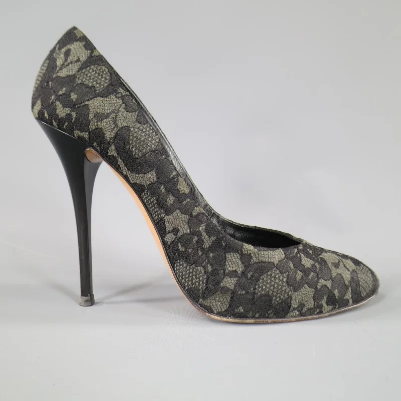 Stylish Lace Pumps for a Chic Look--GIUSEPPE ZANOTTI Size 7.5 Grey Black Lace Pumps