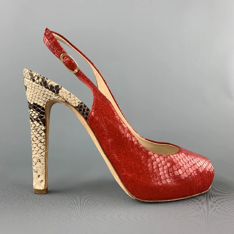 Trendy Peep Toe Platform Heels Crafted from Genuine Leather--GIUSEPPE ZANOTTI Size 8 Red & Beige Snake Skin Slingback Peep Toe Pumps