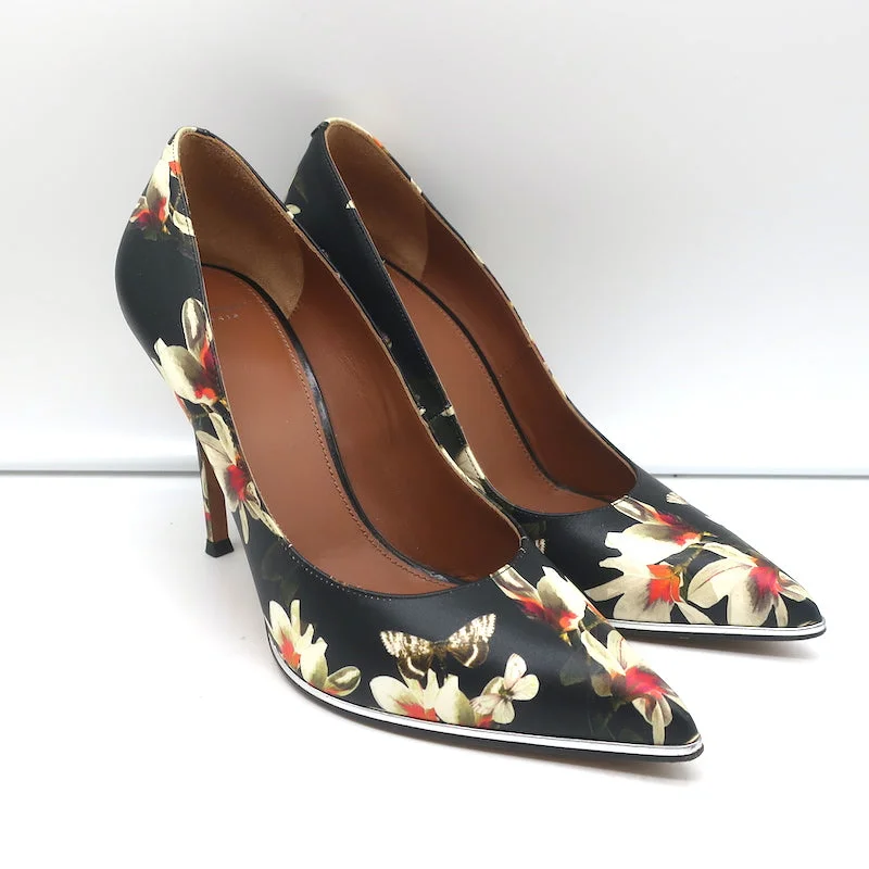 Stiletto Heel Pumps with Perfect Fit--Givenchy Butterfly Floral Print Pumps Black Leather Size 38 Pointed Toe Heels-Fashionable & Classic