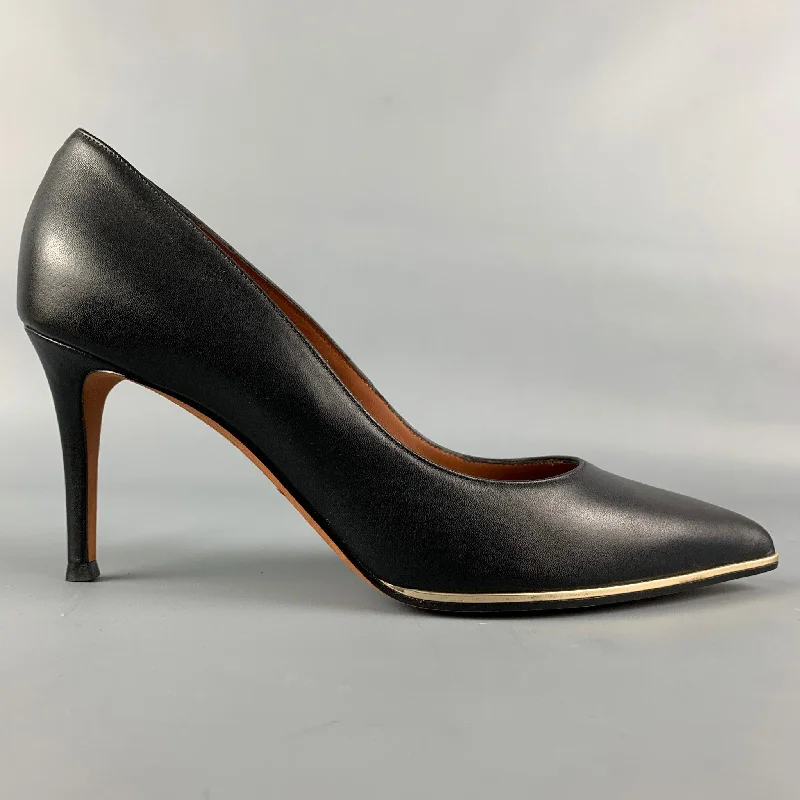 GIVENCHY Size 7.5 Black & Silver Leather Classic Pumps---Comfortable Leather Pumps for Office and Everyday Wear