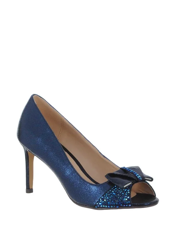 Trendy Peep Toe Platform Heels Crafted from Genuine Leather--Glamour Penny Bow Peep Toe Heeled Shoes, Navy