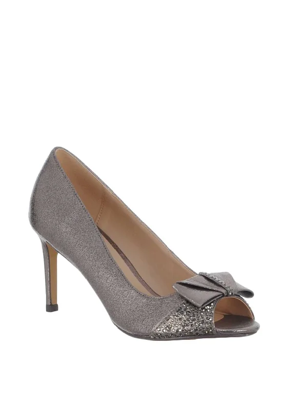 Trendy Peep Toe Platform Heels Crafted from Genuine Leather--Glamour Penny Bow Peep Toe Heeled Shoes, Pewter