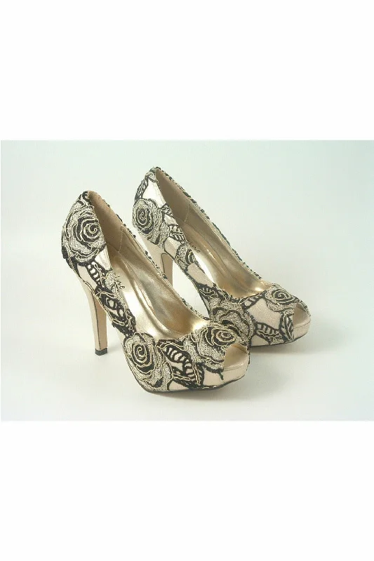 Trendy Peep Toe Platform Heels Crafted from Genuine Leather--Glitz Shoes Sabatine Coco Peep Toe Platform Shoe Gold Black