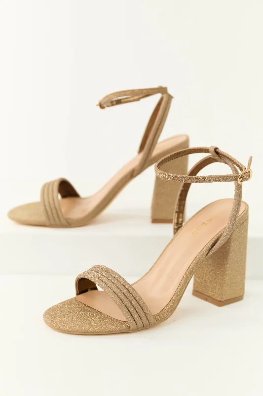 Gold Glitter Ankle Strap Block Heels---Trendy Glitter Heels for a Glamorous Look