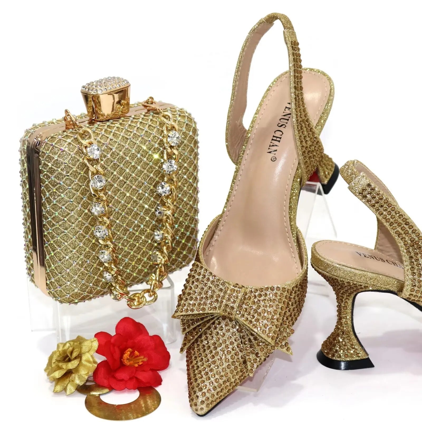 Gold  Women Shoes And Bag Set African Ladies Pointed Toes Pumps Match