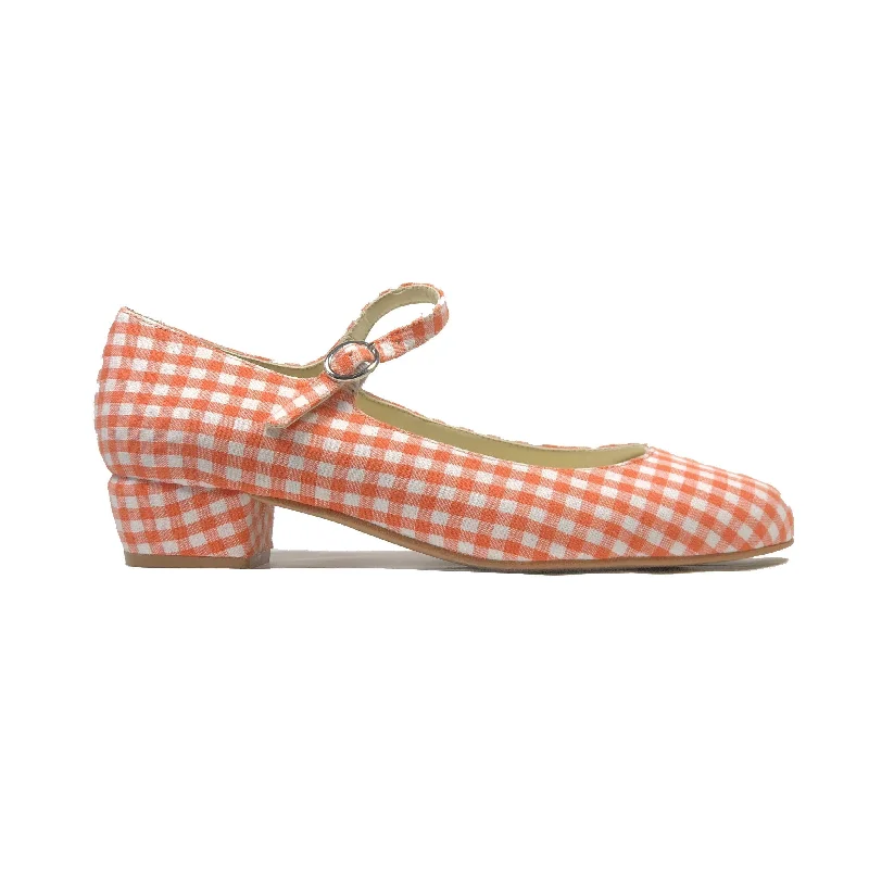 Versatile Heeled Sandals for Any Occasion---'Gracie' Mary-Jane tangerine gingham textile Low-Heels  by Zette Shoes