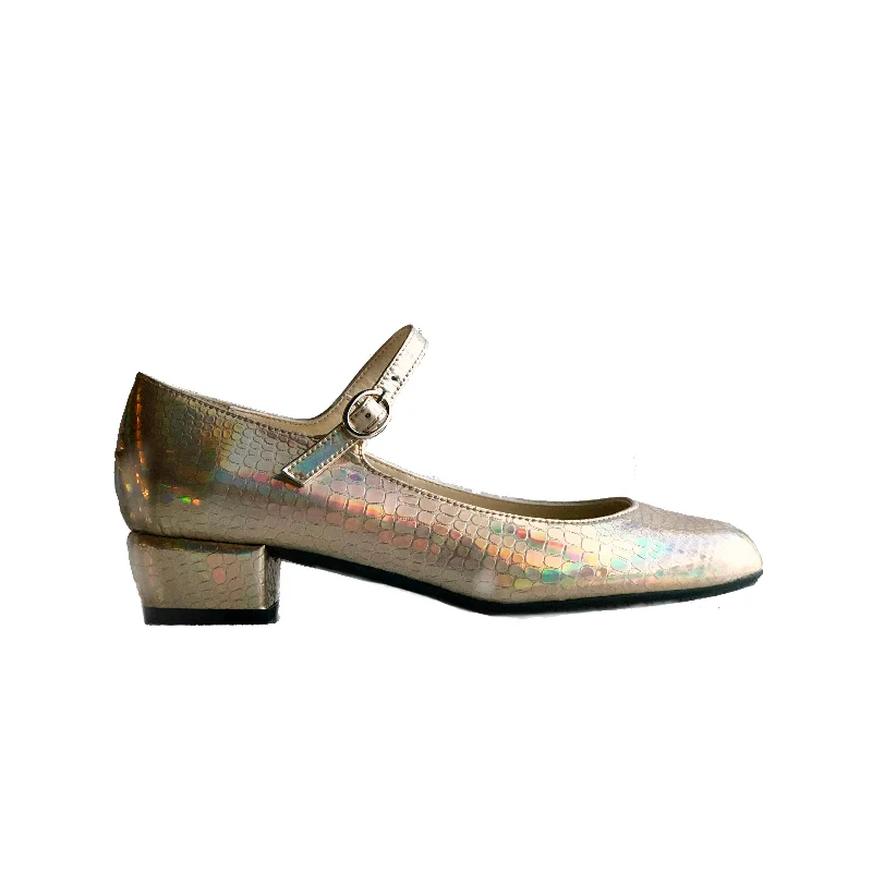 Versatile Heeled Sandals for Any Occasion---'Gracie' Mary-Jane Vegan Low-Heels by Zette Shoes - Holographic Platinum