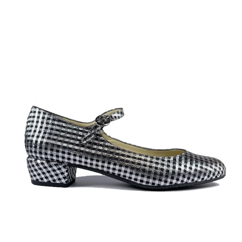 Versatile Heeled Sandals for Any Occasion---'Gracie' Mary-Jane vegan Low-Heels by Zette Shoes - Silver/black gingham