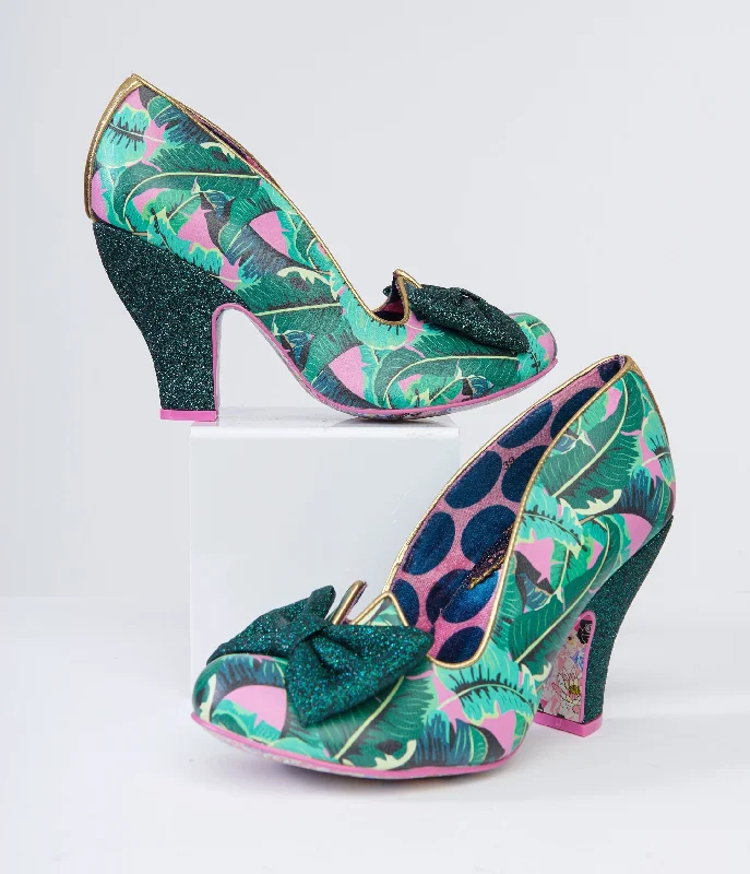 Versatile Heeled Sandals for Any Occasion---Irregular Choice Green Banana Leaf Palm Print Heels