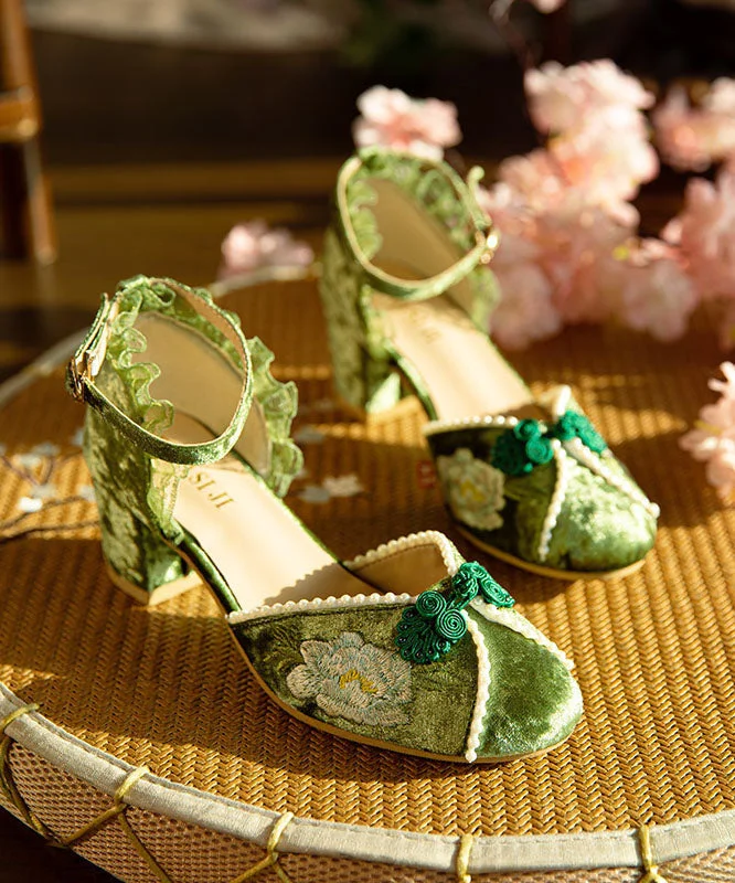 Versatile Dress Heels for Formal and Casual Wear---Green Chunky Heel Velour Fabric Nail Bead Embroidery Fine Splicing