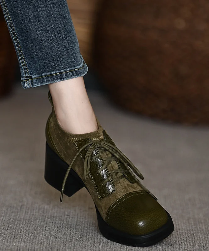 Versatile Dress Heels for Formal and Casual Wear---Green Chunky Sheepskin Unique Splicing Cross Strap