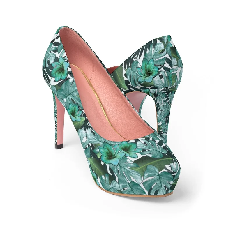 Stylish Platform Heels for Extra Height--Green Floral Women's Platform Heels