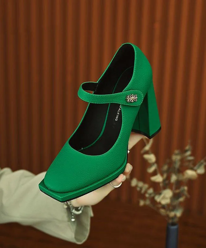 Green High Heels Faux Leather Beautiful Buckle Strap Splicing---Comfortable Leather Pumps for Office and Everyday Wear