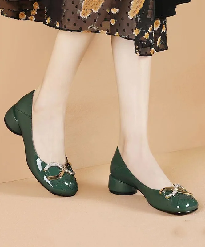 Trendy Chunky Heel Pumps for Casual Wear--Green Loafer Shoes Chunky Faux Leather Stylish Splicing