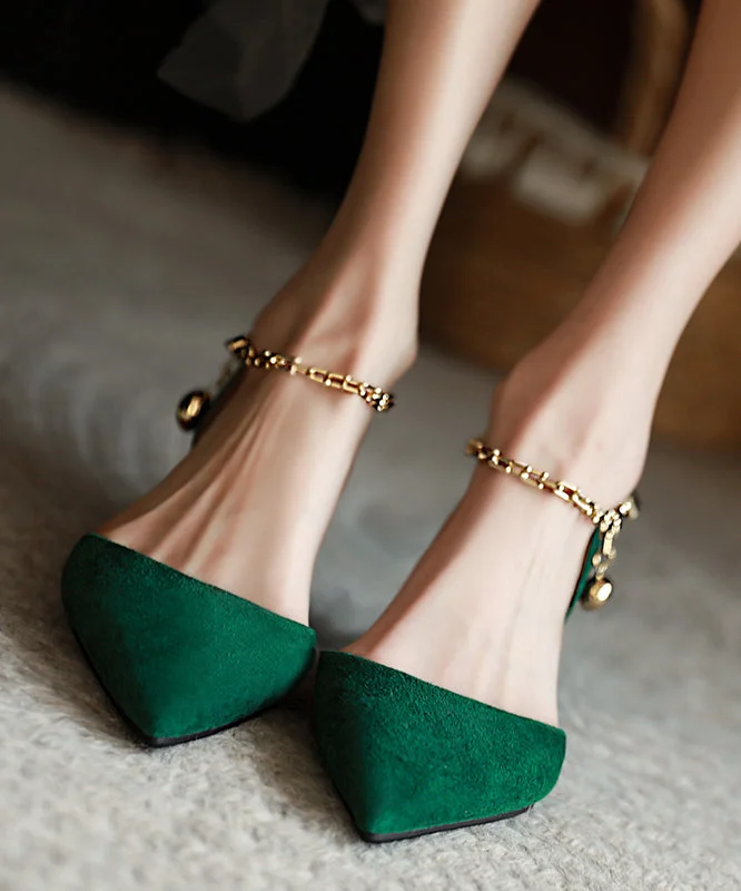 Affordable Suede Ankle Pumps for All-Day Wear--Green Suede High Heels Chain Linked Chic Splicing