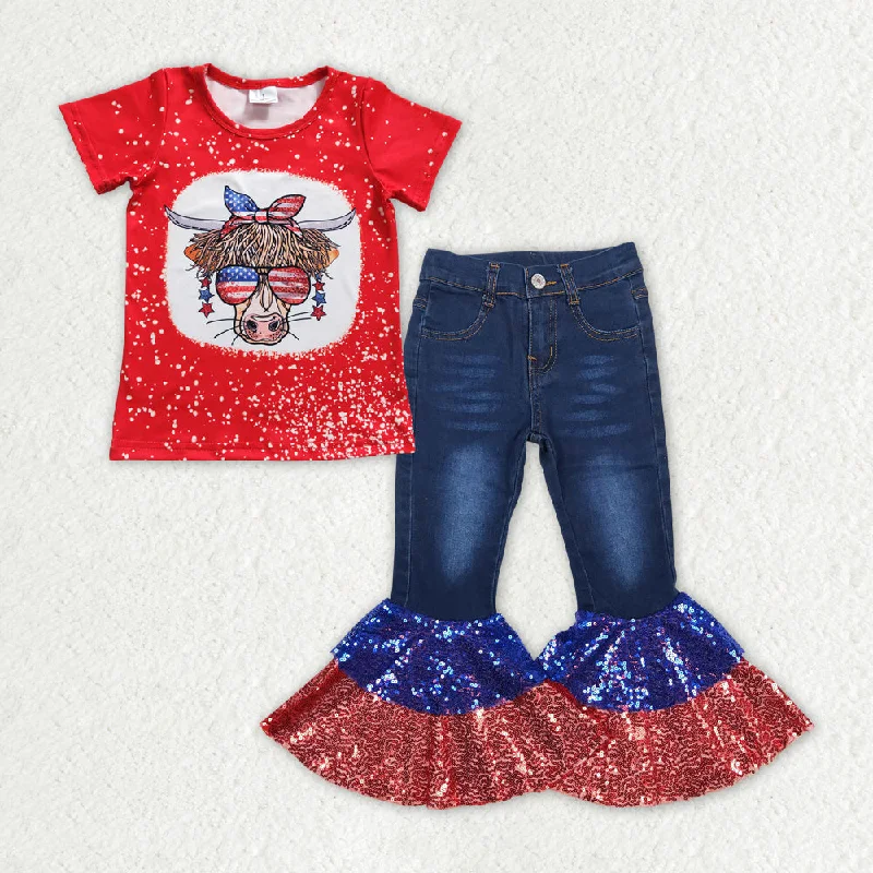 Women's matching denim set for street style -GSPO1621 4th of July Cow Sequins Jean Pants Denim Pants Set Women's matching denim set for street style -GSPO1621 4th of July Cow Sequins Jean Pants Denim Pants Set