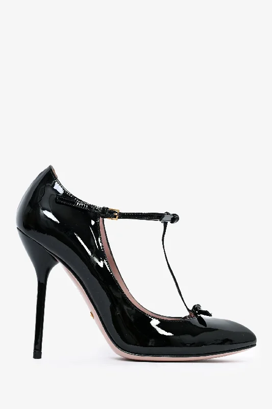 Sleek and Shiny Patent Pump Heels for a Polished Look--Gucci Black Patent Leather T-Strap Heels Size 36