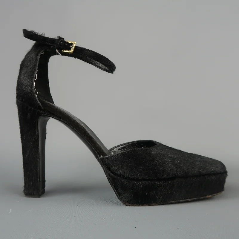 Stylish Ankle Strap Heels for Women--GUCCI by TOM FORD Size 5.5 Black Pony Hair Platform Ankle Strap Pumps