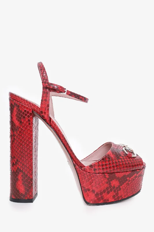 Trendy Peep Toe Platform Heels Crafted from Genuine Leather--Gucci Red Snakeskin Platform Peep Toe Horsebit Heels Size 40