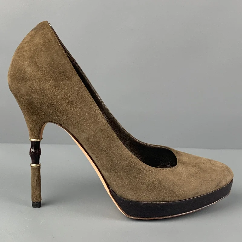 Affordable Suede Ankle Pumps for All-Day Wear--GUCCI Size 5.5 Olive Brown Suede Bamboo Heel Pumps