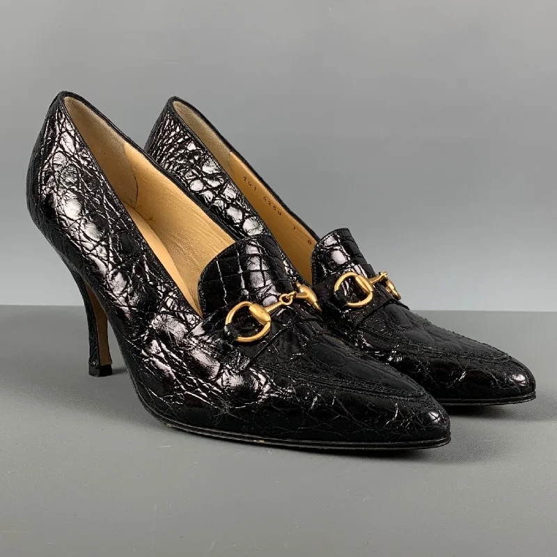 Stiletto Heel Pumps with Perfect Fit--GUCCI Size 7.5 Black Gold Leather Embossed Pointed Toe Pumps-Fashionable & Classic