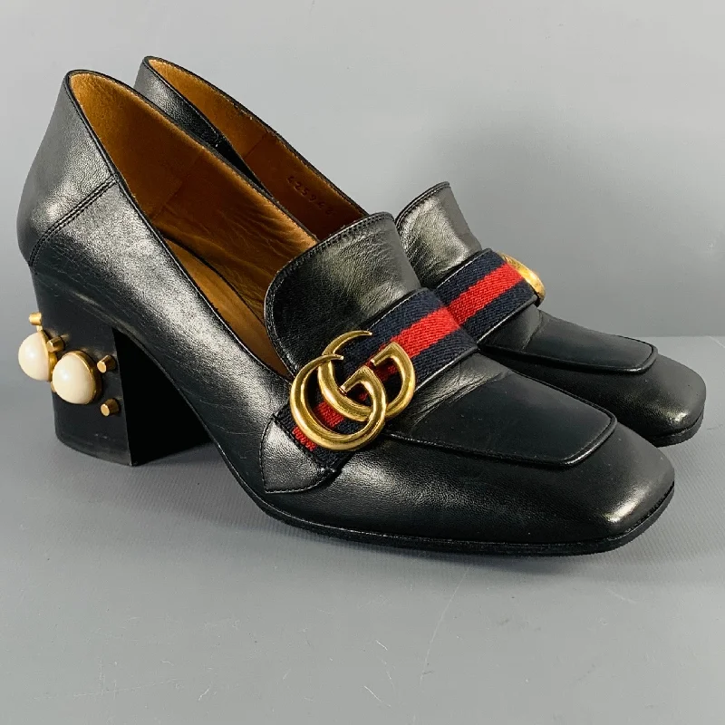 GUCCI Size 7.5 Marmont Black Leather Pearls Chunky Heel Pumps---Comfortable Leather Pumps for Office and Everyday Wear