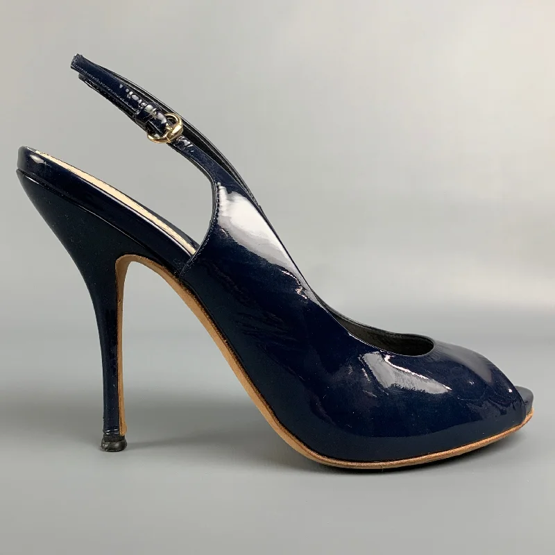 Sleek and Shiny Patent Pump Heels for a Polished Look--GUCCI Size 8 Navy Patent Leather Slingback Pumps