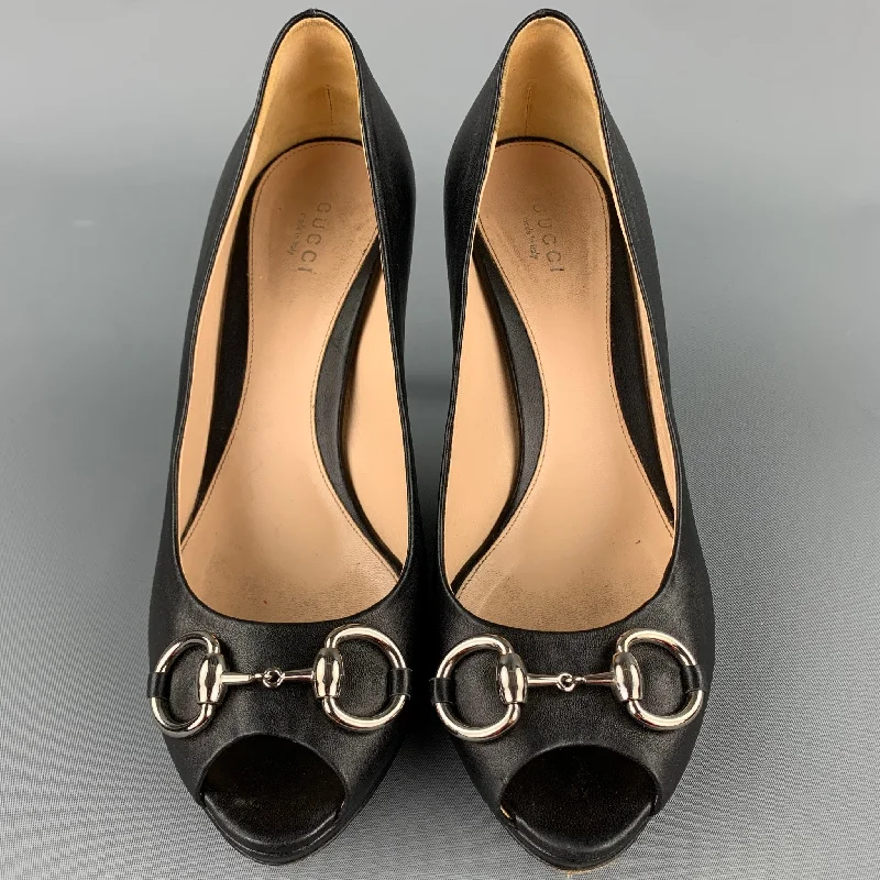 Trendy Peep Toe Platform Heels Crafted from Genuine Leather--GUCCI Size 9 Black Leather Horsebit Peep Toe Pumps