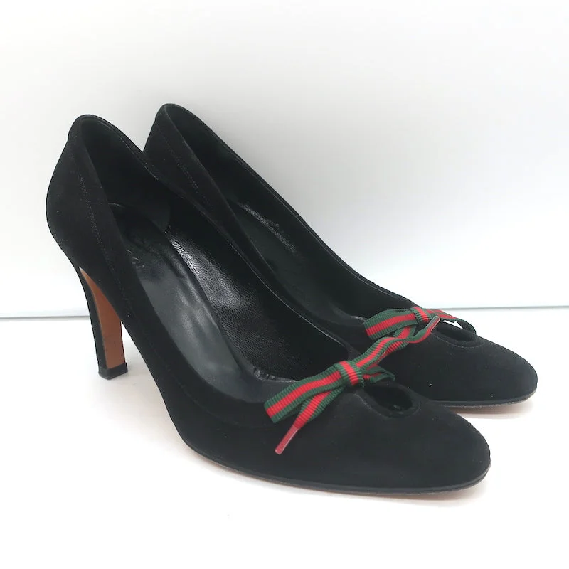 Affordable Suede Ankle Pumps for All-Day Wear--Gucci Web Bow Keyhole Pumps Black Suede Size 8