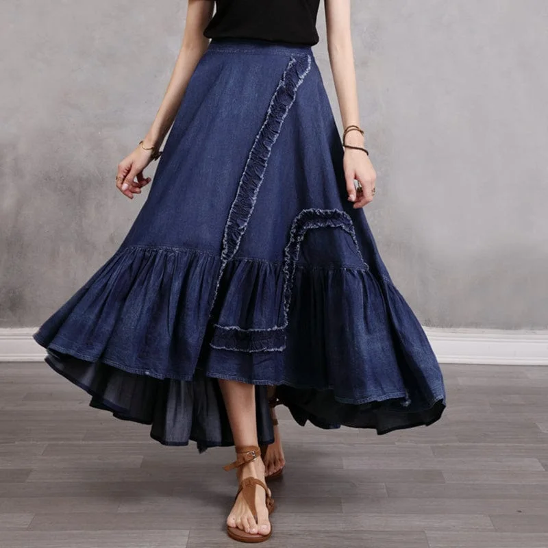 Women's faux leather denim skirts for edgy outfits -Gypsy Style Patchwork Pleated Denim Skirt Women's faux leather denim skirts for edgy outfits -Gypsy Style Patchwork Pleated Denim Skirt