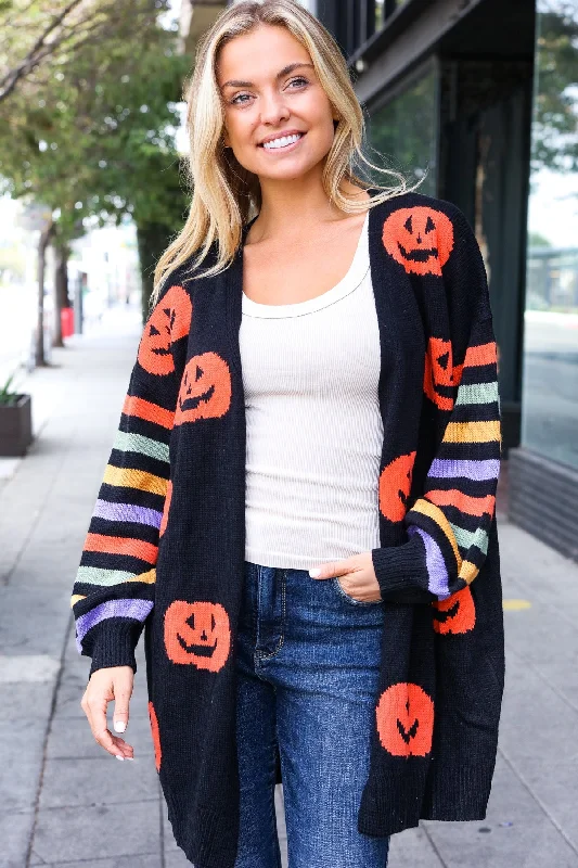 Versatile Heeled Sandals for Any Occasion---Pumpkin Multicolor Stripe Jacquard Knit Open Cardigan