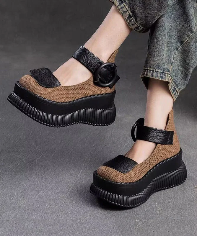 Trendy Chunky Heel Pumps for Casual Wear--Handmade Black Platform Splicing Buckle Strap Loafer Shoes