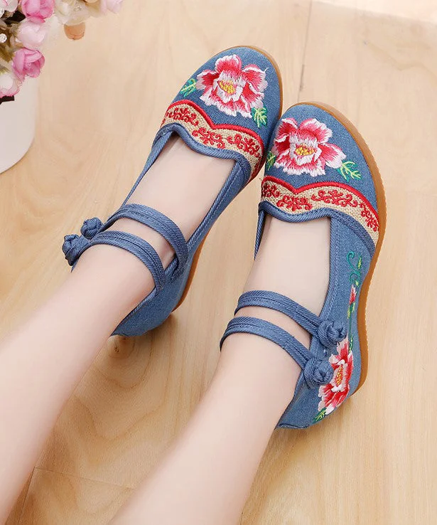 Versatile Heeled Sandals for Any Occasion---Handmade Buckle Strap Wedge High Wedge Heels Shoes Blue Embroideried Comfy Linen Fabric