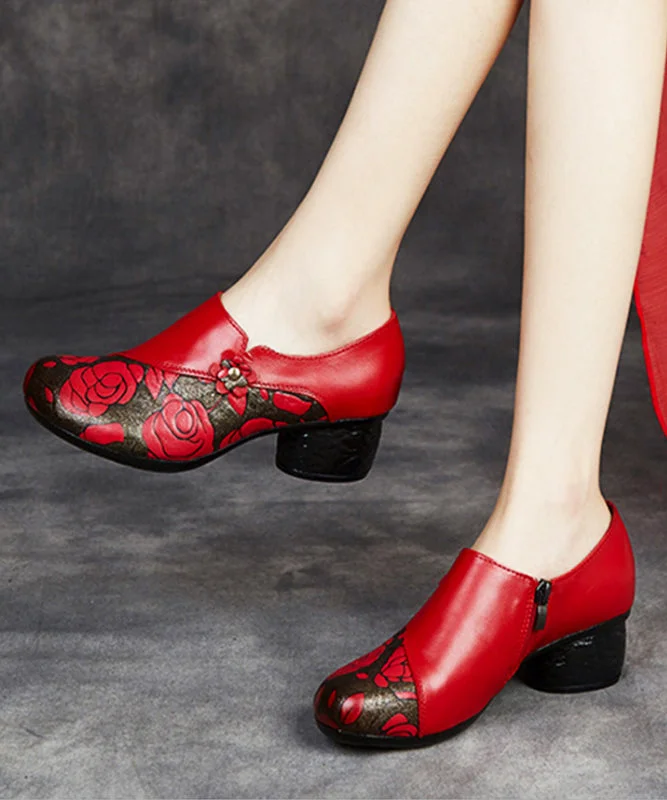 Handmade Embossed Splicing Chunky High Heels Red Cowhide Leather---Comfortable Leather Pumps for Office and Everyday Wear