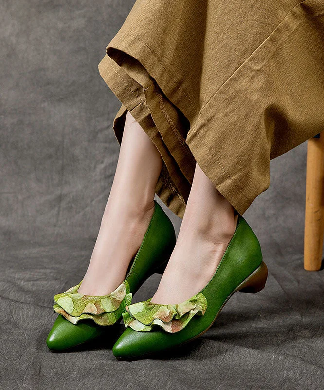 Versatile Dress Heels for Formal and Casual Wear---Handmade Green Cowhide Chunky Heel Splicing Ruffles Embossed