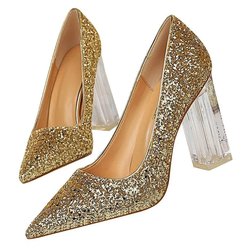 Versatile Dress Heels for Formal and Casual Wear---Handmade Plus Size Women's Block High Heels Scarfpins Gold Silver