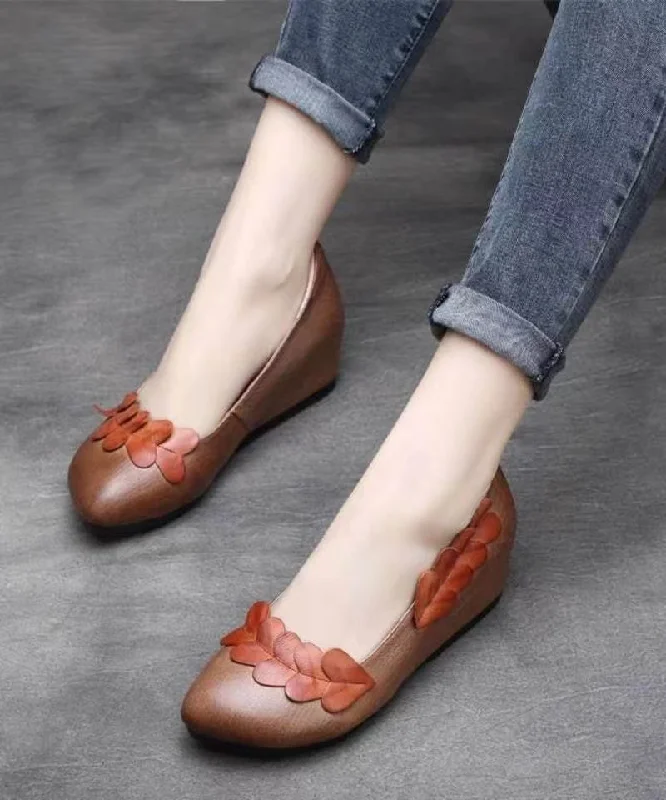 Handmade Retro Brown Wedge Heels Cowhide Leather Splicing Floral---Comfortable Leather Pumps for Office and Everyday Wear