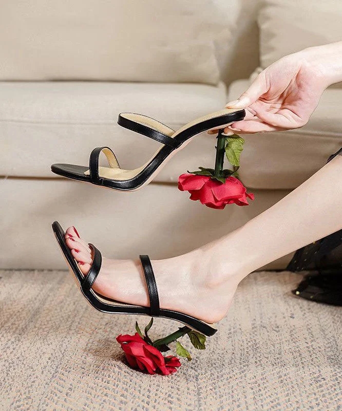 Stiletto Heel Pumps with Perfect Fit--Handmade Rose Splicing Stiletto High Heel Slippers Black Faux Leather-Fashionable & Classic