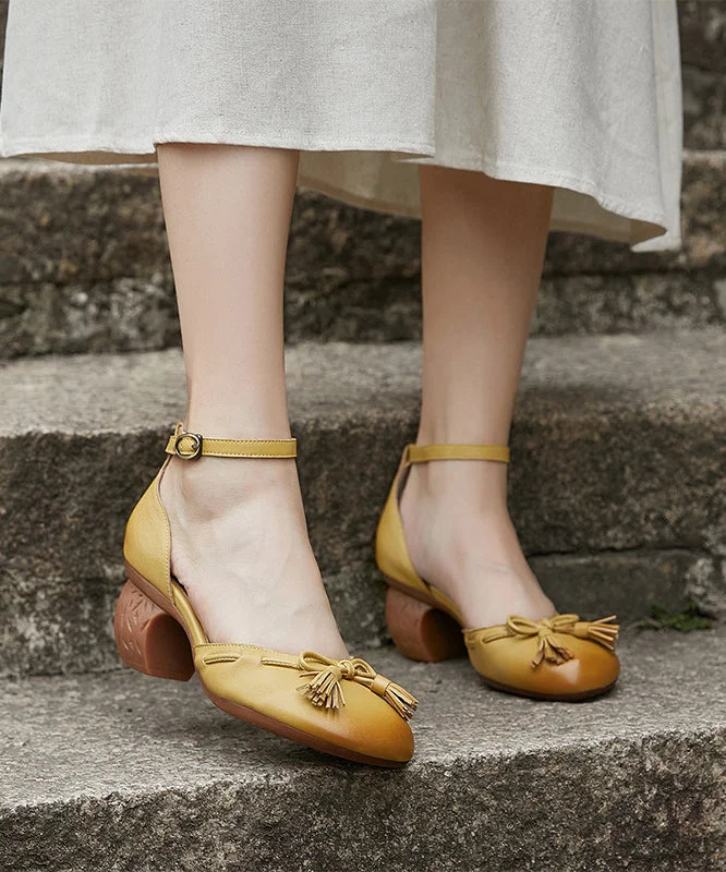 Handmade Yellow Sheepskin Bow Splicing Buckle Strap High Heels---Charming Bow Pumps for a Cute and Stylish Look