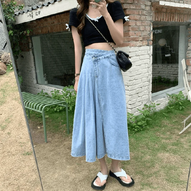 Women's denim skirts with decorative stitching for extra detail -Hania Korean Style Asymmetrical Jeans Skirt Women's denim skirts with decorative stitching for extra detail -Hania Korean Style Asymmetrical Jeans Skirt