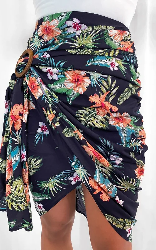 Women's denim skirts with side slits for added mobility -Havana Wrap Midi Skirt - Navy Tropical Women's denim skirts with side slits for added mobility -Havana Wrap Midi Skirt - Navy Tropical