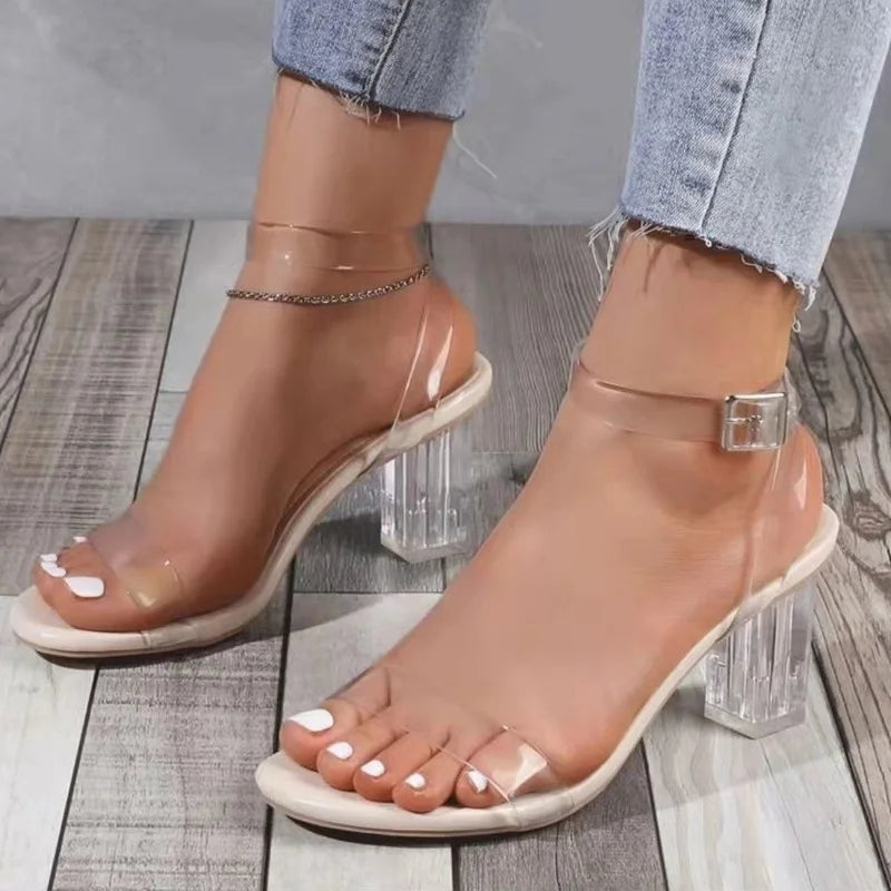 Trendy Chunky Heel Pumps for Casual Wear--High Heel Summer Women Thick Heel Transparent Belt PVC Plus Size