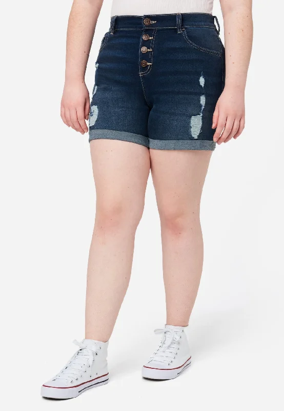 Distressed High-Rise Midi Denim Shorts
