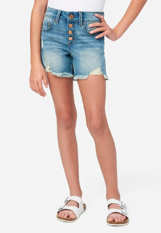 Distressed High-Rise Midi Denim Shorts