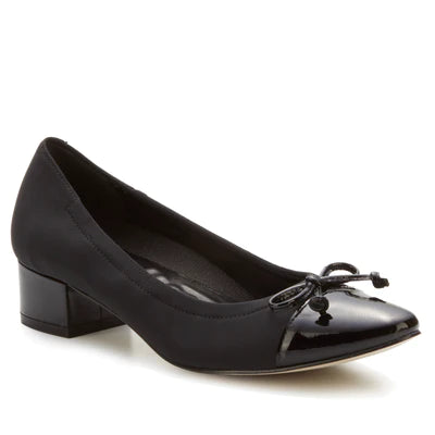 Sleek and Shiny Patent Pump Heels for a Polished Look--Hollis Pump: Black Micro Fabric and Patent Leather I Walking Cradle