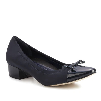 Sleek and Shiny Patent Pump Heels for a Polished Look--Hollis Pump: Navy Micro Fabric with Patent Leather I Walking Cradle