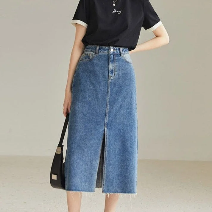 Women's denim skirts for casual wear -Holly Blue Denim Front Split Skirt