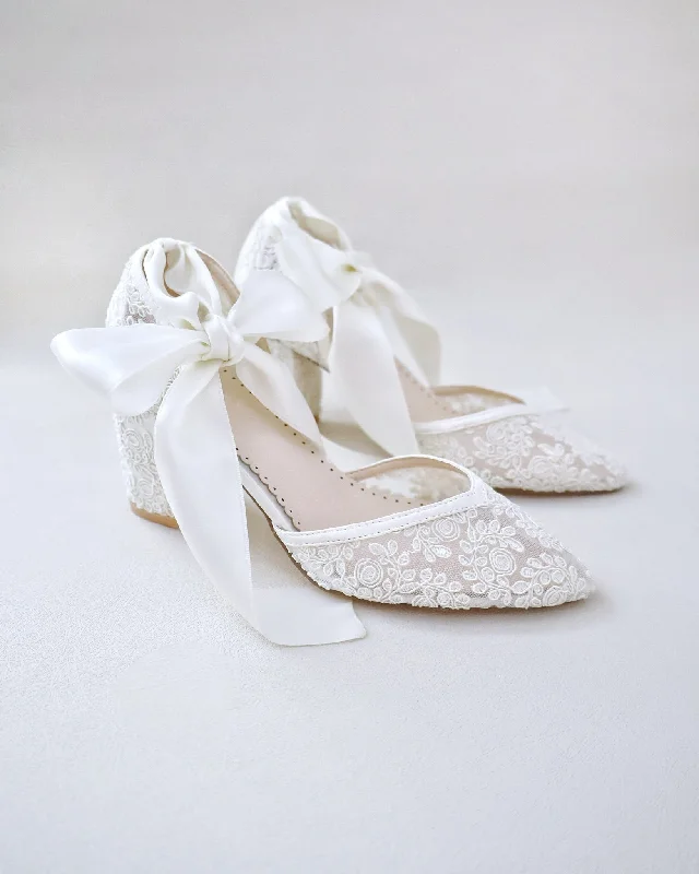 Block Heel Lace Ankle Wrap Bridal Shoes