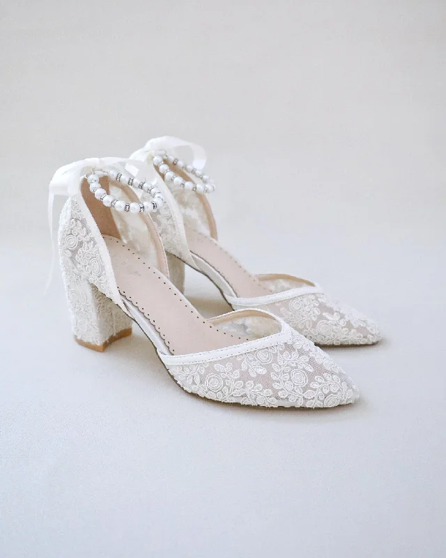 Bridal Lace Block Heel with Pearls Strap